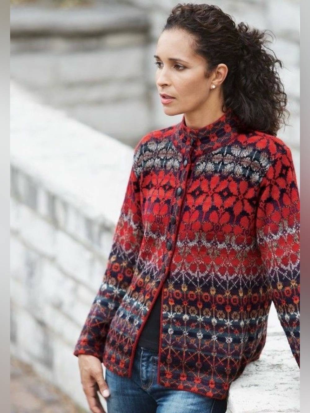 Intiwara Bolivian Handmade 100% Alpaca Fair Isle Cardigan Sweater Sz S